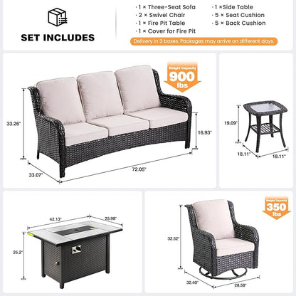 ovios 5 Pieces Patio Furniture Set, Outdoor Wicker Sofa Couch with Swivel Chairs 42" Fire Pit Table, High Back All Weather Modern Conversation Sets, Brown Rattan, Beige