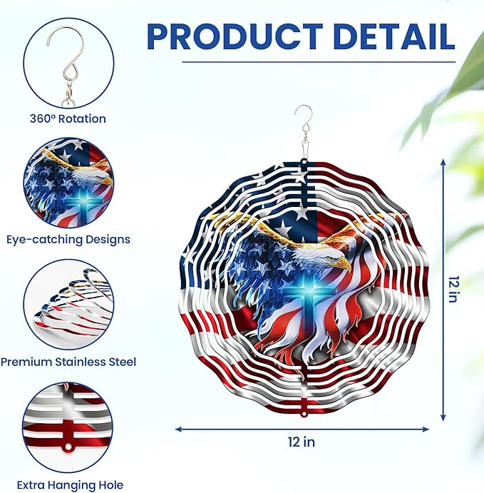 FLAGWIX American Eagle Christmas Decorations - 3D Stainless Steel Metal Wind Spinners 12 in - Christmas Eagles for Men Women Friends, Eagle Decorations for Window Outdoor Yard Garden