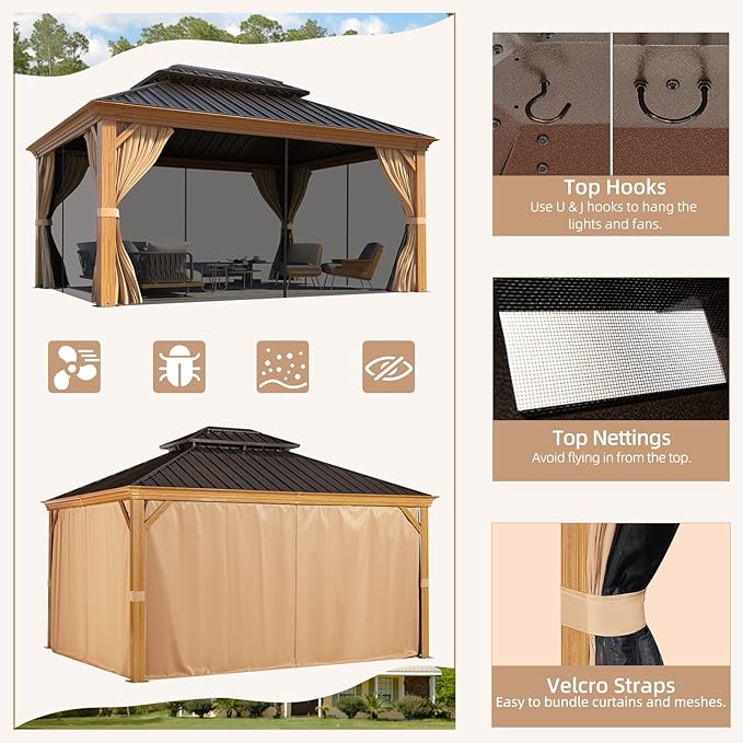 YOLENY 10' x 12' Hardtop Gazebo, Wood-Looking Gazebo with Galvanized Steel Double Roof, Aluminum Frame, Permanent Metal Pavilion with Netting and Curtains for Deck, Backyard, Patio and Lawns