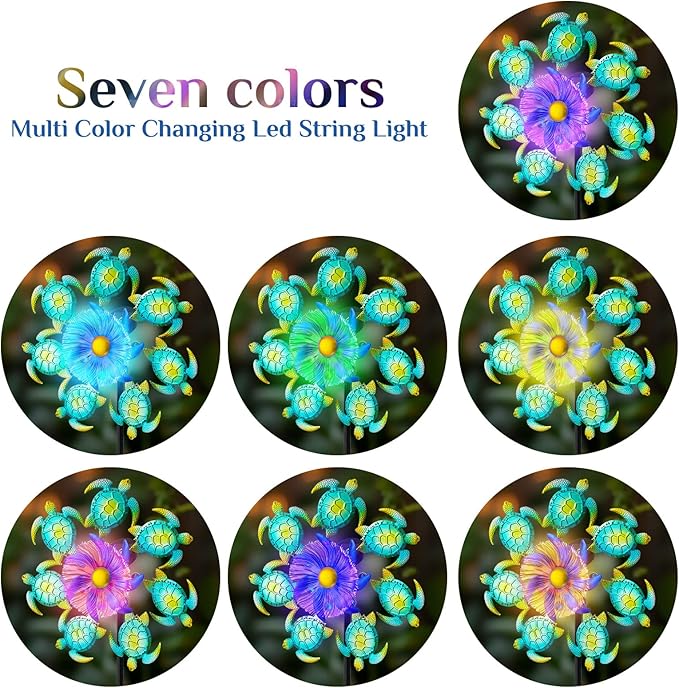 Sea Turtle Outdoor Solar Wind Spinners for Yard - 51" Metal Wind Sculptures Garden Stake with Color Changing LED Lights 360° Windmill Kinetic Spinner for Lawn Patio Decor