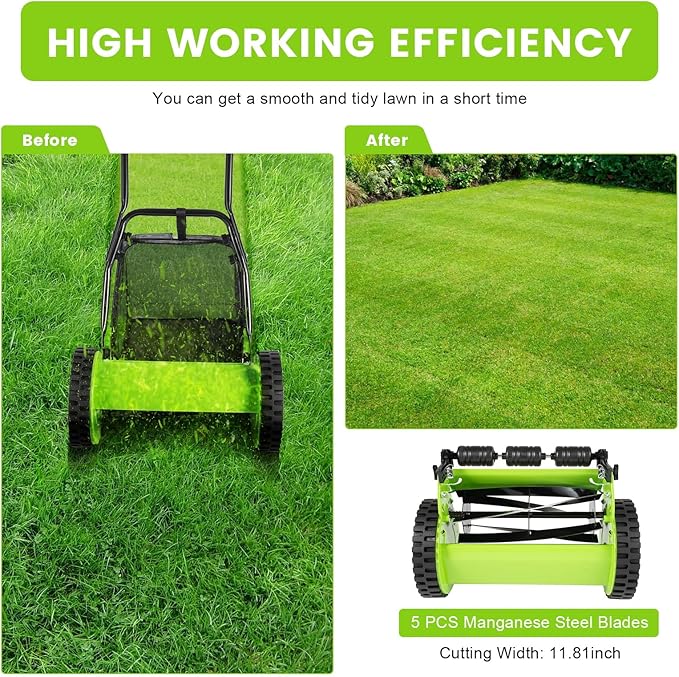 Push Lawn Sweeper, 12 Inch 5 Blade Manual Push Reel Lawn Mower with 23L Collection Bag, Adjustable Push Lawn Sweeper Grass Catcher Outdoor Power Tools for Picking up Leaves, Grass and Debris on Lawns