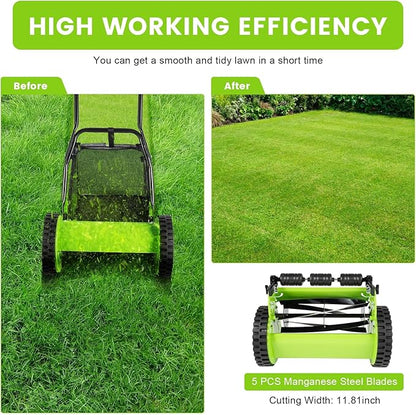 Push Lawn Sweeper, 12 Inch 5 Blade Manual Push Reel Lawn Mower with 23L Collection Bag, Adjustable Push Lawn Sweeper Grass Catcher Outdoor Power Tools for Picking up Leaves, Grass and Debris on Lawns