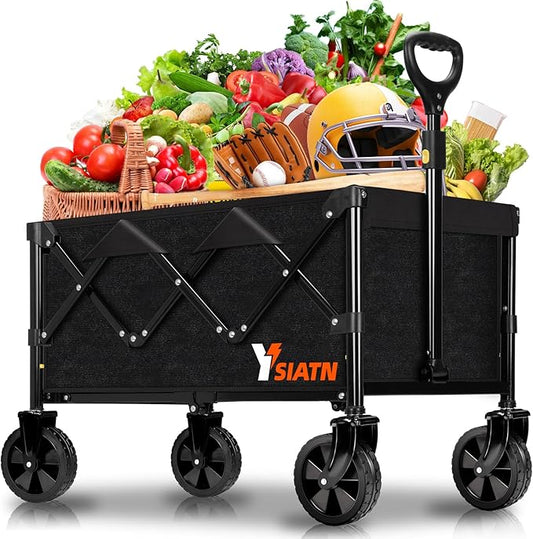 Collapsible Wagon with All Terrain Wheels, Large Grocery Cart On Wheels, 220LBS Utility Folding Wagon for Camping Shopping Beach Sports Fishing, Black