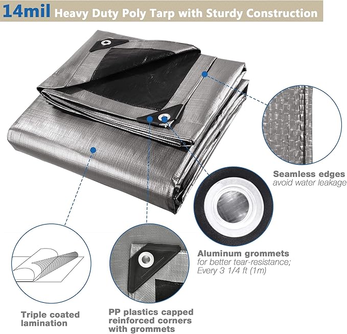 Yescom 12x20 Ft 14 Mil Heavy Duty Reinforced Poly Tarp Reversible Waterproof Tarpaulin Ground Sheet Cover Reversible Silver Black Tarps