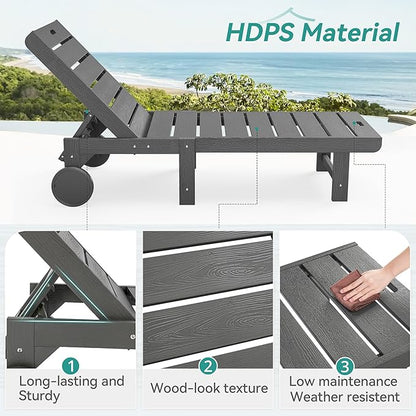 Outdoor Chaise Lounge Chairs with Table, 2-Piece, 26.8” Super Wide Lounge Chair Outdoor, HDPS Pool Chairs with 5 Positions, Patio Lounge Chair with Wheels for Pool,Lawn,Backyard, Dark Gray