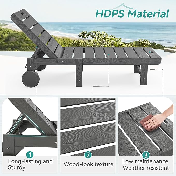 Outdoor Chaise Lounge Chairs with Table, 6-Piece, 26.8” Super Wide Lounge Chair Outdoor, HDPS Pool Chairs with 5 Positions, Patio Lounge Chair with Wheels for Pool,Lawn,Backyard, Dark Gray