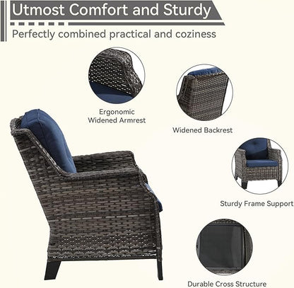 Patio Furniture Set 3 Pieces-Patio Chairs Set of 2 and A Side Table with Thick Cushions and All-Weather PE Wicker for Garden, Patio and Porch, Navy