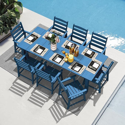 LOUNZY 9 Pieces Patio Dining Sets, 90'' Table Outdoor HDPE Furniture Set w/ 2" Hole Cut-Out Dining Table with 8 Patio Chairs for Lawn, Pool and Yard, Navy