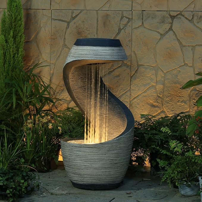 37" Tall S-Shaped Outdoor Waterfall Fountain – Rainfall Water Fountain for Garden, Patio or Backyard Decor, Floor-Standing Resin Garden Fountains Water Feature with Flat Top for Plant Display