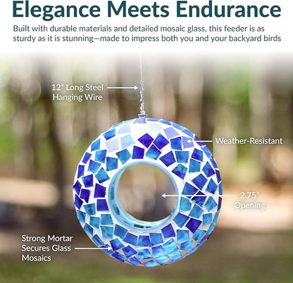 Sunnydaze 6-Inch Glass Mosaic Hanging Bird Feeder for Outdoors - Fly-Through Wild Bird Feeder - Blue Mosaic