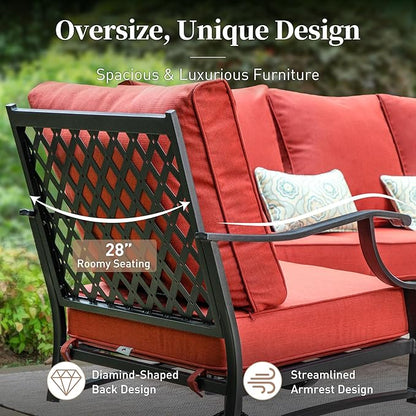 7 Piece Metal Outdoor Patio Furniture Set, Patio Conversation Sets 3-Seater Sofa, 2 Rocking Chair, 2 Ottomans with 5.75" Thick Cushion, Black All-Weather Frame Backyard Furniture, Red