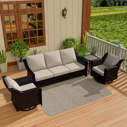 Vista Vibe 4 Pieces Outdoor Patio Conversation Furniture Set - 78" 3-Seat Sofa | 2 Swivel Glider Rocker Chairs | Wicker End Table, Rattan Loveseat, Upholstered Couch, Garden, Deck (Brown/Beige)