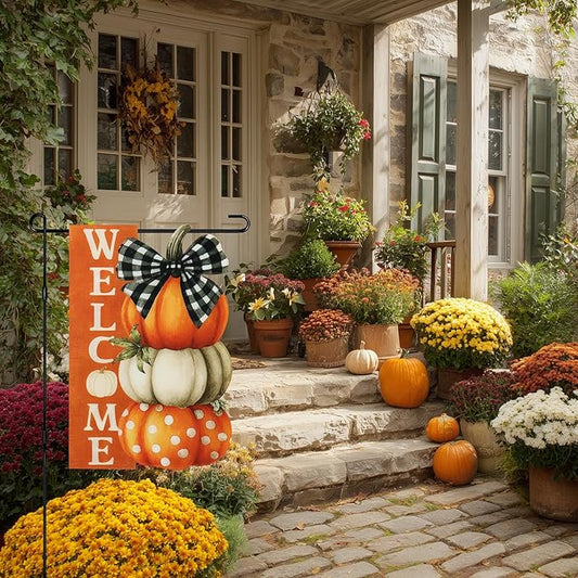 Thanksgiving Garden Flags 12x18 Inch Double Sided, Fall Welcome Pumpkin Yard Flags for Outside, Farmhouse Front Porch Outdoor Autumn Decor Holiday All Seasons Decoration