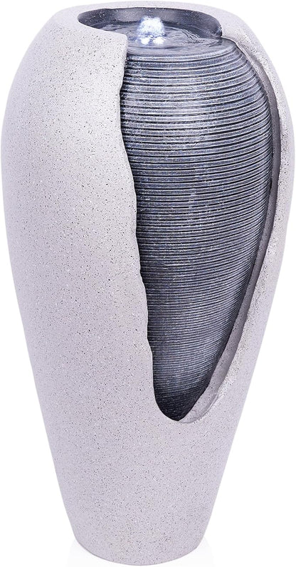 Alpine Corporation - 29" Tall Two Tone Ribbed Jar Floor Fountain with LED Lights – Elegant Indoor/Outdoor Water Feature, Easy Setup with Pump & Plug-in Design (Gray)
