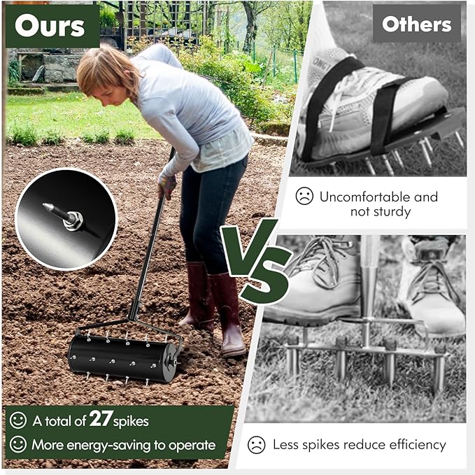 IRONMAX Rolling Lawn Aerator, Sand/Stone Filled Manual Dethatching Soil Aerating Push Tool with Ergonomic Handle, Grass Aerator Lawn Tool for Yard, Garden, Lawn Health Care (21''W x 51''H)