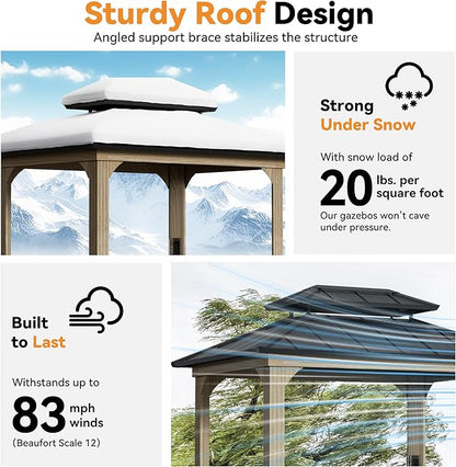 Modern Shade Grill Gazebo 6' X 8', Aluminum BBQ Gazebos with Shelves and Ceiling Hook, Grill Canopy Hardtop with Galvanized Steel Roof, Outdoor Grill Gazebo with Extra-Wide Column Design, Wood-Looking