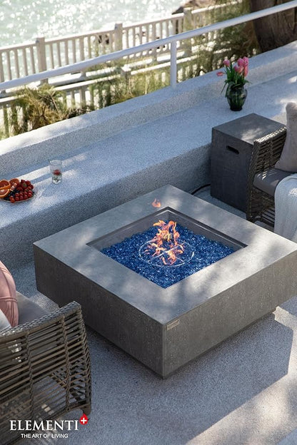 Elementi+ | Bundle Victoria Gas Fire Pit Cast Concrete 40" Square Fire Table, Outdoor Fire Pit Electronic Ignition | Canvas Cover, Fire Glass and Burner Lid Included | Light Gray | Natural Gas