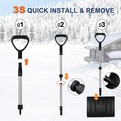Ergonomic Large Snow Shovel for Driveway: 48-Inch Dual-Lock Knob Anti-Wobble Handle, 16" Plastic Blade w/Metal Edge, Ultra-Light 1.9 lb, Portable Aluminum Shaft, Car, Camping & Emergency, Black