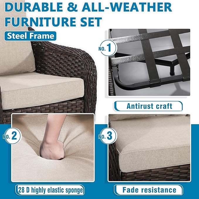 Vista Vibe Outdoor Rattan Chairs Set of 2 with Coffee Table, All-Weather Patio Conversation Furniture Set with Washable Cushions &Hand-Woven PE Rattan, Garden, Bistro, Deck, Yard (Beige)