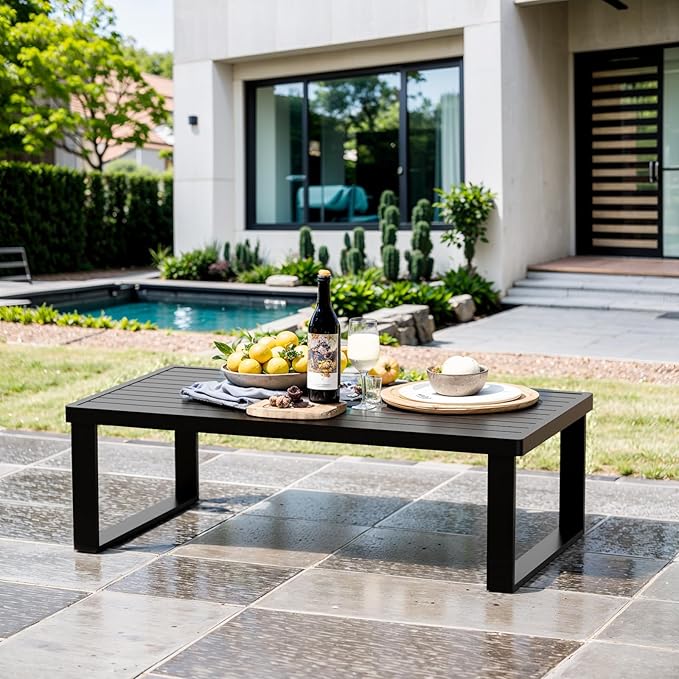 Aluminum Outdoor Coffee Table - Black Rectangle Patio Tables for Deck, and Poolside