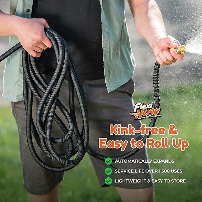 Flexi Hose Lightweight Expandable Garden Hose, No-Kink Flexibility, 3/4 Inch Solid Brass Fittings and Double Latex Core (25ft, Black)