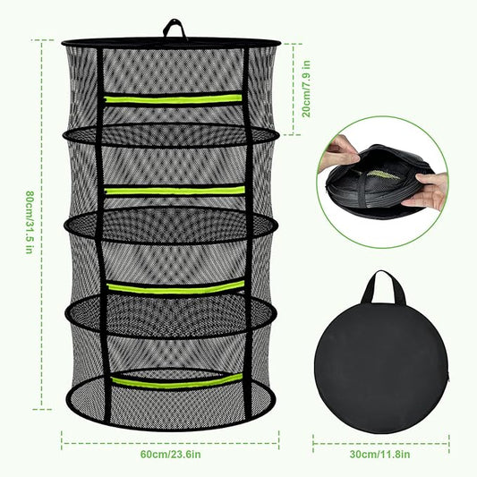 4 Layer Herb Drying Rack Hanging, Plant Drying Rack, Bud Drying Net,Foldable Hanging Dry Rack Net with Green Zipper, Garden Shears & Hooks, for Herbs, Seeds Indoor/Outdoor (23.62")