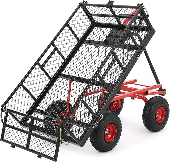Heavy Duty Steel Garden Dump Cart, 880LBS Meatl Utility Wagon with Removable Sides & 180° Rotating Handle, Utility Dump Cart with 10-Inch All Terrain Wheels for Yard Lawn and Farm