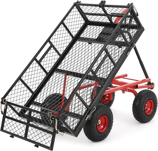 Heavy Duty Steel Garden Dump Cart, 880LBS Meatl Utility Wagon with Removable Sides & 180° Rotating Handle, Utility Dump Cart with 10-Inch All Terrain Wheels for Yard Lawn and Farm