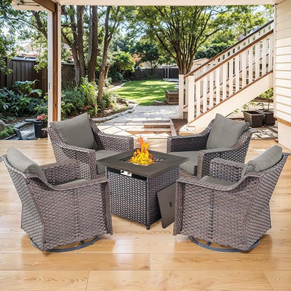 Outdoor Patio Wicker Swivel Chairs - Set of 4 Outside Rattan Rocker Glider Chair Rocking Armchairs for Front Porch Balcony Backyard Yard Deck Poolside Apartment – Brown/Grey