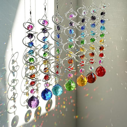 H&D HYALINE & DORA 7 Pack Crystal Suncatchers for Windows Hanging Gazing Ball Spiral Tail Wind Spinners Stainless Steel Hanging with Swivel Hook for Yard and Garden Indoor Home Decor