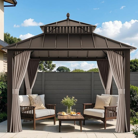SUNJOY Kingston 10' x 10' Hardtop Gazebo with Galvanized Steel Double Roof, Curtain and Netting, Brown Aluminum Posts Permanent Pavilion Gazebo for Garden, Patio, Deck, Lawn