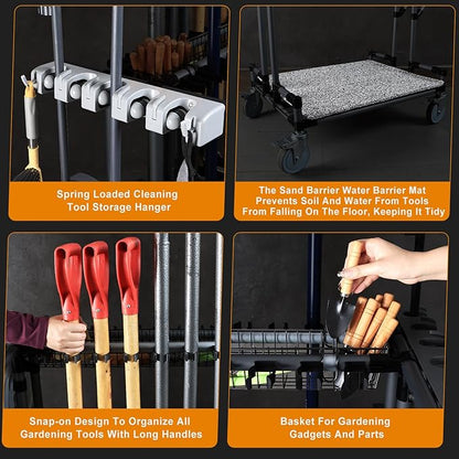 Heavy-Duty Garden Tool Organizer Cart Ideal for Gardening, Upgraded 5-Inch Wheels for Lawn & Sand, Long-Handle Tool Storage