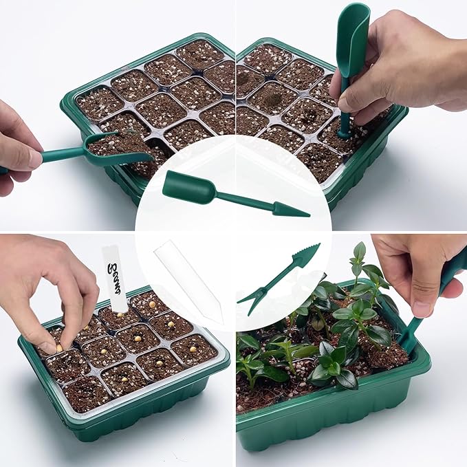 Seed Starter Tray with Plant Light, 2 Pack Grow Lights for Seed Starting Kit with Humidity Domes, Timing Controller Adjustable Brightness for Greenhouse Propagator Station Planting Growing