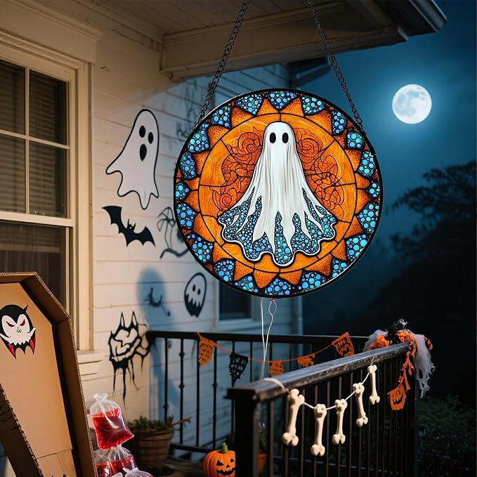Stained Glass Window Hanging - Halloween Decorations White Ghost Suncatcher for Doors Garden Indoor Spooky Funny Blue Sun Catchers Gothic Decor Horror Gifts for Women Men Friend 6.3 in