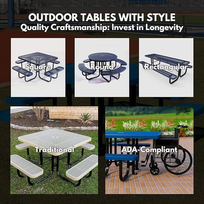 COATEDOUTDOORFURNITURE Heavy-Duty Portable Outdoor Picnic Table with Umbrella Hole, Expanded Metal Commercial-Grade Patio Dining Furniture Made in America (46" Square Top, Textured Brown)