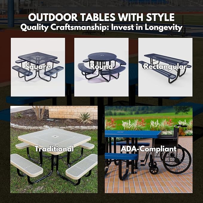 COATEDOUTDOORFURNITURE Heavy-Duty Portable ADA-Compliant Outdoor Picnic Table with Umbrella Hole, Expanded Metal Patio Dining Furniture Made in America (46" Square Top, Green)