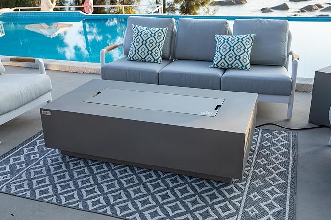 AMS Creations | Madison 60" Bundle Rectangular Natural Gas Outdoor Fire Pit Table | Light Gray Concrete GFRC | Smooth Texture or Surface | Electronic Ignition | Outside Backyard Fireplace