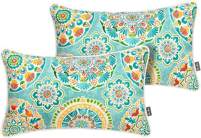 FUNHOME Set of 2 Outdoor Pillows for Patio Furniture, 12”x20” Water-Repellent Fade Resistant Outdoor Lumbar Pillow with Insert, Decorative Garden Pillows for Home Patio Coach Sofa Use-Cyan Circle