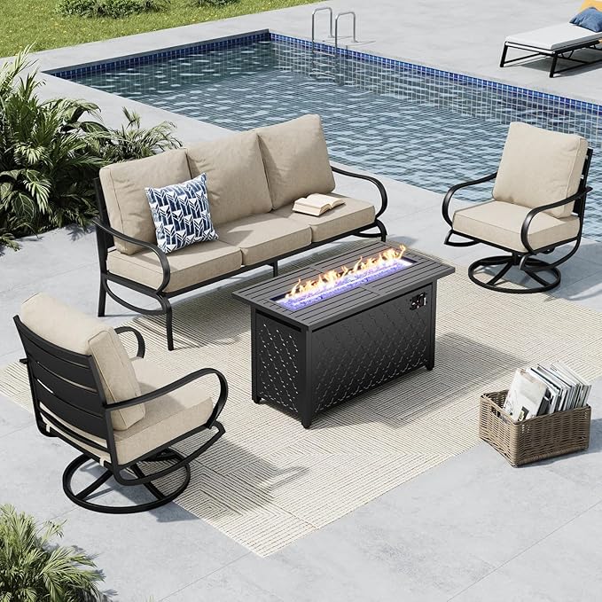 MFSTUDIO 4 Pieces Patio Conversation Sets, All Weather Metal Frame Outdoor Furniture Set Patio Sofas with 1 x 45 Rectangular Propane Fire Table, 1 x 3-Seat Sofa, 2 x Swivel Chairs, Beige Cushion