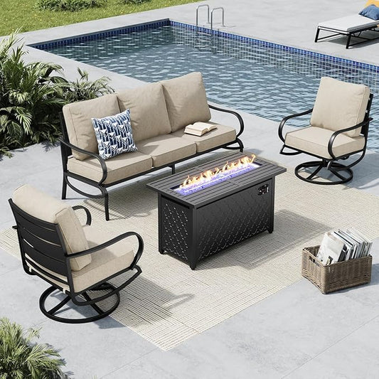 MFSTUDIO 4 Pieces Patio Conversation Sets, All Weather Metal Frame Outdoor Furniture Set Patio Sofas with 1 x 45 Rectangular Propane Fire Table, 1 x 3-Seat Sofa, 2 x Swivel Chairs, Beige Cushion