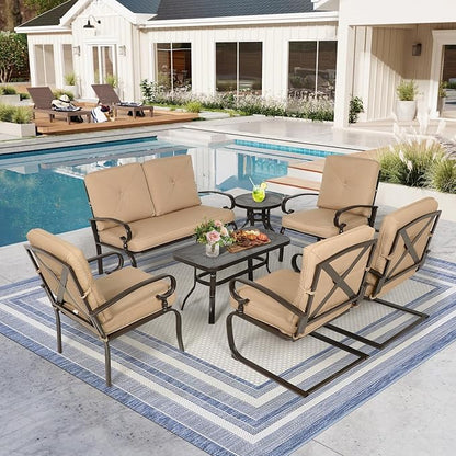 7-Piece Outdoor Metal Furniture Sets Patio Conversation Set, Wrought Iron Loveseat, 2 Dining Chairs, 2 Spring Chairs and Coffee Table, Brown