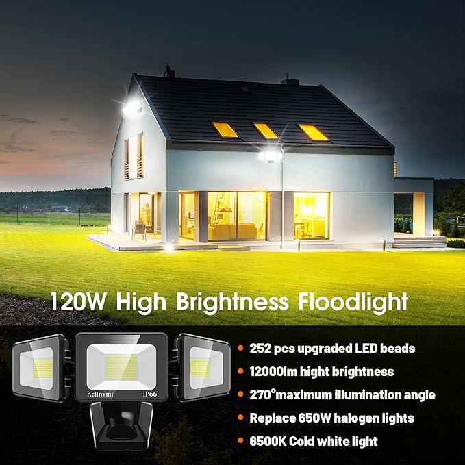120W LED Flood Lights Outdoor, High Brightness 12000lm LED Security Light, IP66 Waterproof Outside Floodlight 6500K Coldwhite, Exterior Lighting Fixtures for House, Yard, Garden,Playground