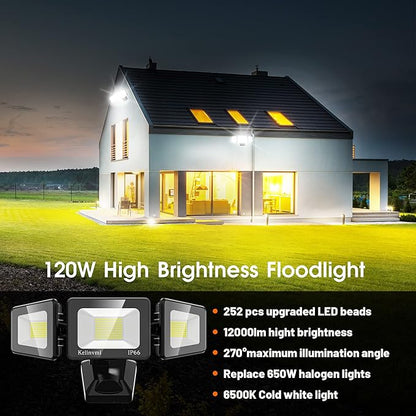 120W LED Flood Lights Outdoor, High Brightness 12000lm LED Security Light, IP66 Waterproof Outside Floodlight 6500K Coldwhite, Exterior Lighting Fixtures for House, Yard, Garden,Playground