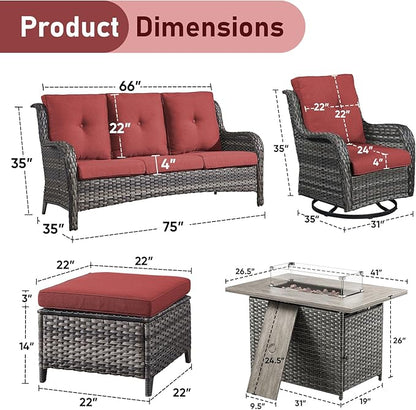 Wicker Outdoor Conversation Se with 50,000 BTU Gas Propane Fire Pit Tablet-6 Pieces Outdoor Wicker High Back Couch Patio Furniture for Deck Poolside Backyard