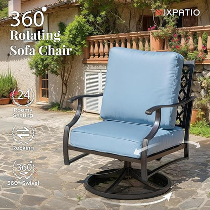 Patio Furniture Set 7 pcs, Outdoor Patio Furniture, 3-Seat Sofa, 2 Single Chairs, 2 Swivel Chairs, 2 Ottomans and 5.75" Extra Thick Cushion, Patio Conversation Set for Backyard Deck,Blue