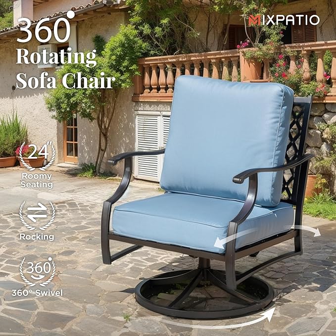 Patio Furniture Set 6 pcs, Outdoor Patio Furniture, 1 X 3-Seat Sofa, 2 X Single Chairs, 2 X Swivel Chairs, 1 X Coffee Table and 5.75" Extra Thick Cushion, Patio Conversation Set,Blue