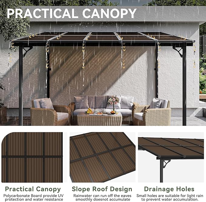 Aoxun 10' x 12' Gazebo for Patio, Gazebo Pergola with Sloped Roof, Large Wall-Mounted Heavy Duty Awnings, and LED Outdoor Waterproof Hanging Lights, for Backyard, Deck, Patio