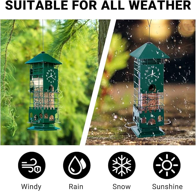Squirrel Proof Bird Feeders Metal Mesh Anti Squirrels Wild Bird Feeder for Outdoors Hanging Weight Activated Waterproof for Finch Cardinal and Chickadee Easy to Fill, Decor Backyard (Green)