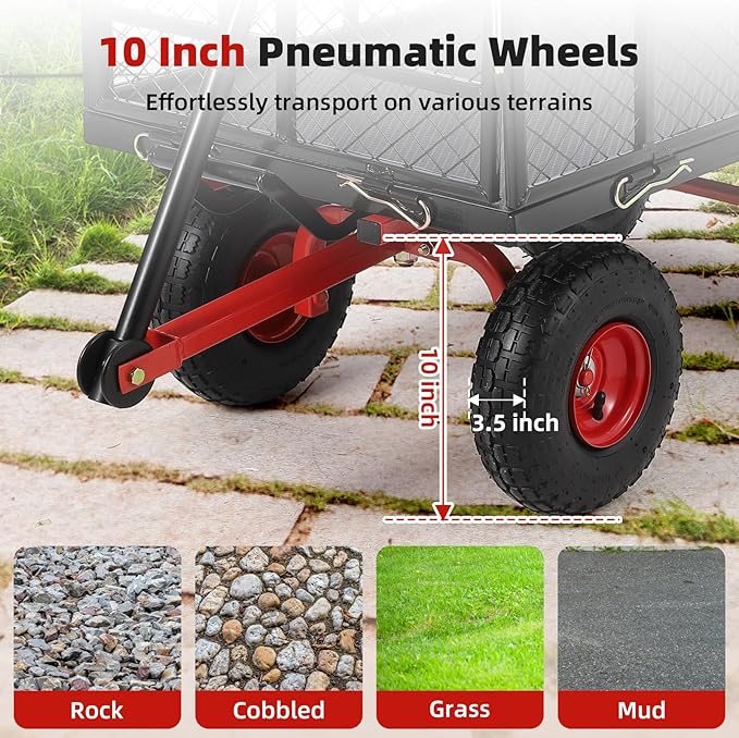 GarveeLife 880 LBS Steel Garden Dump Cart, Heavy Duty Yard Dump Utility Wagon w Removable Mesh Sides, Utility Metal Wagon w 180° Rotating Handle, 10 in Wheels Perfect for Garden, Farm, Yard