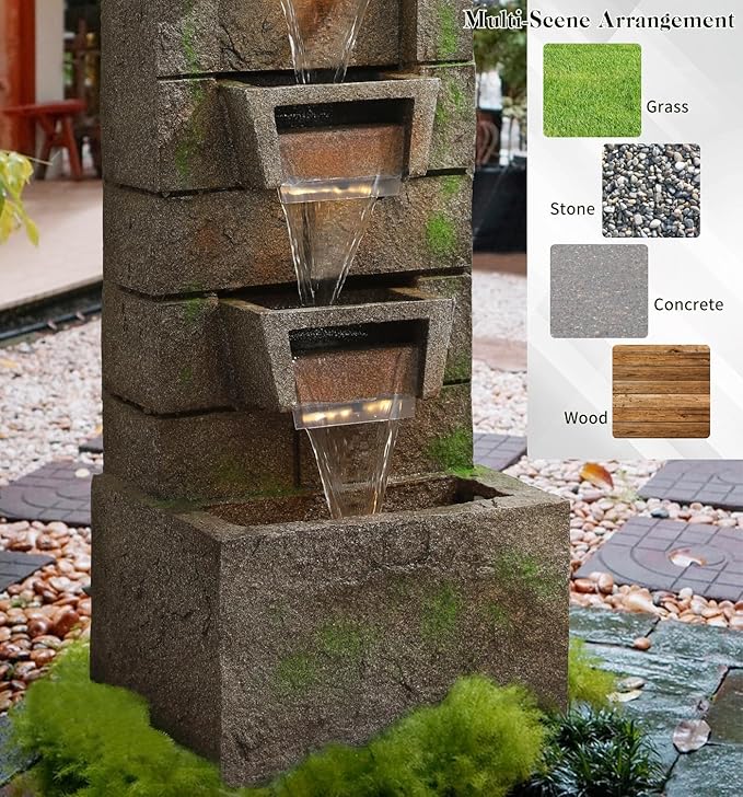 41.1" Outdoor Water Fountains Modern Fountain with LED Lights with Water Pump 4 Tier Floor Standing Outdoor Waterfall Fountain for Garden, Yard, Home Decor, Patio, Yellow
